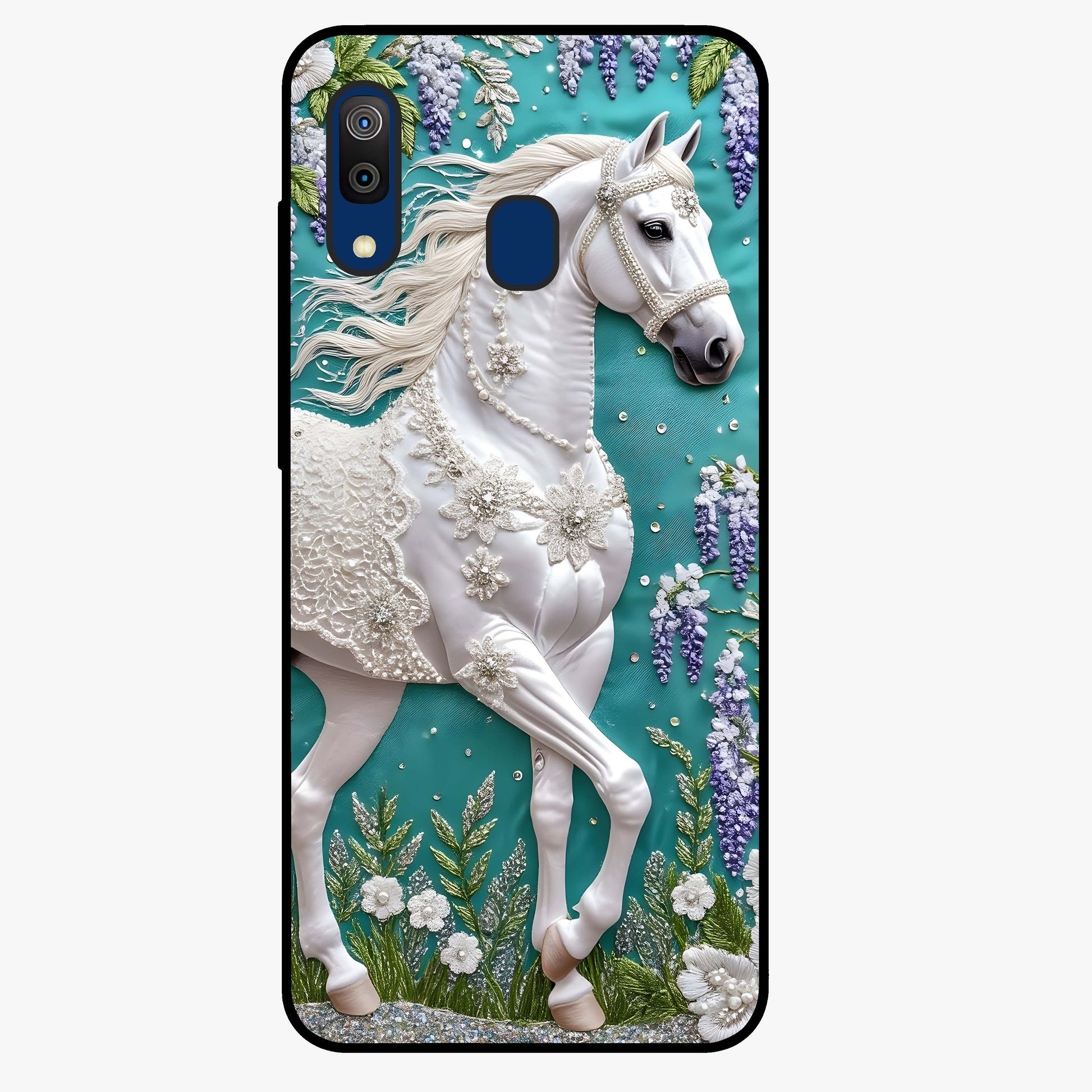 Majestic Floral Stallion Glass Case showing flat back view with powerful horse and floral artwork and glossy glass finish.