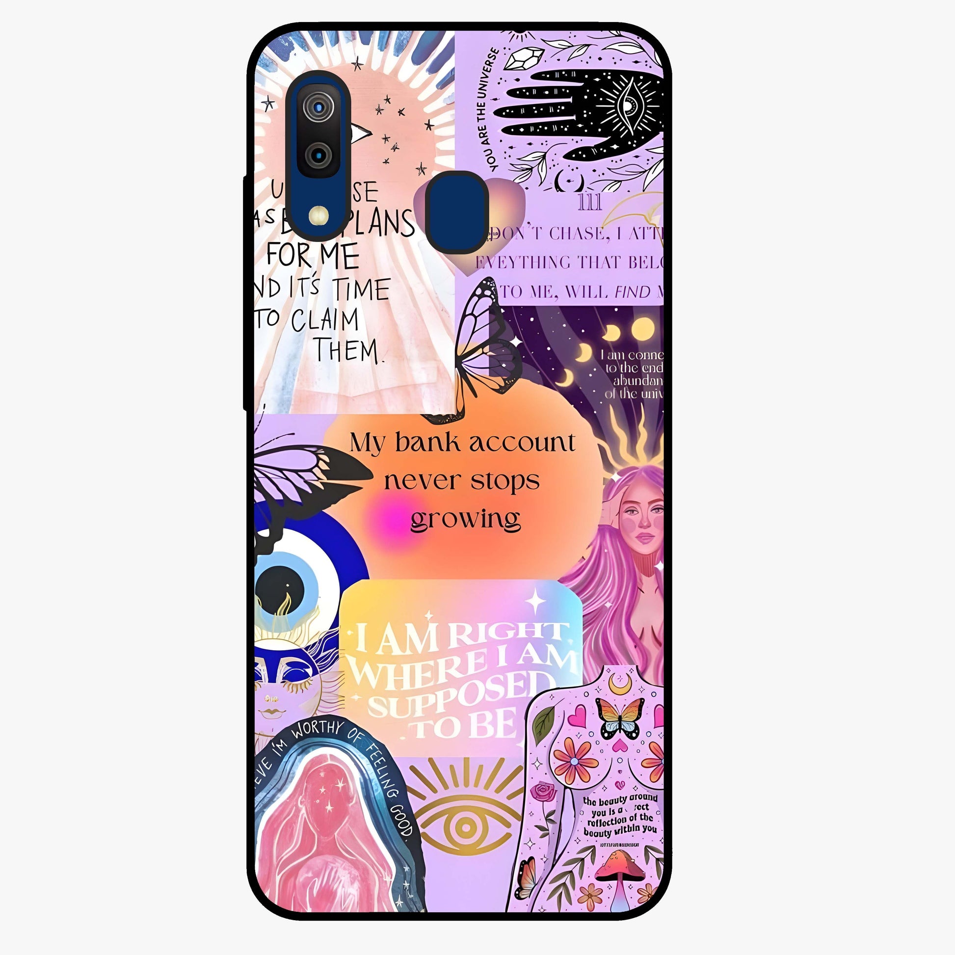 Manifestation Collage Glass Case showing flat back view with motivational collage artwork and glossy glass finish.
