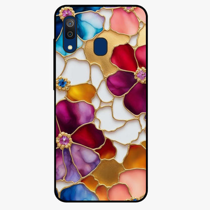 Marble Flower Pattern Glass Case showing flat back view with marble texture floral artwork and glossy glass finish.