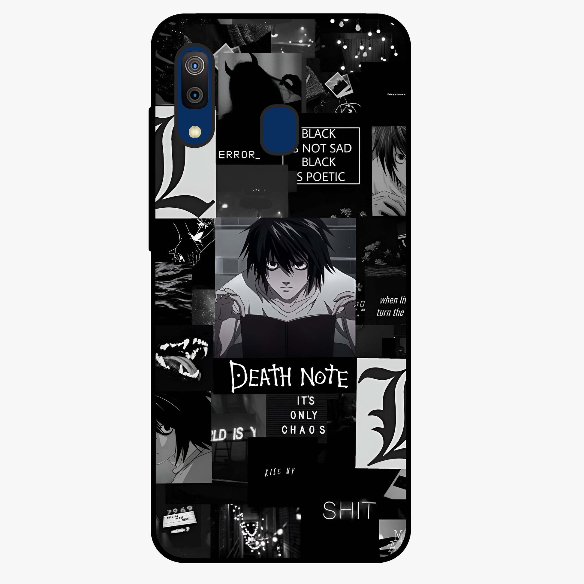 Midnight Chaos Mind Glass Case showing flat back view with abstract dark themed artwork and glossy glass finish.