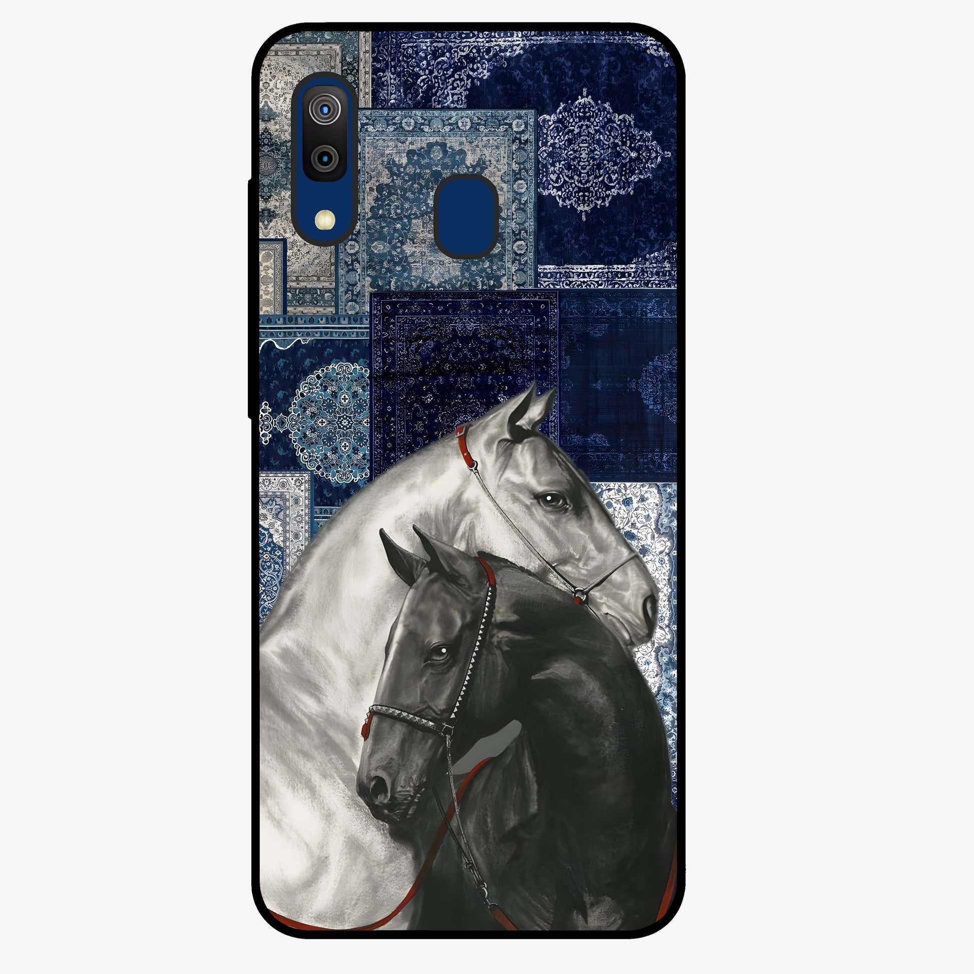 Midnight Stallion Blues Glass Case showing flat back view with majestic horse artwork and glossy glass finish.