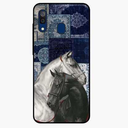 Midnight Stallion Blues Glass Case showing flat back view with majestic horse artwork and glossy glass finish.