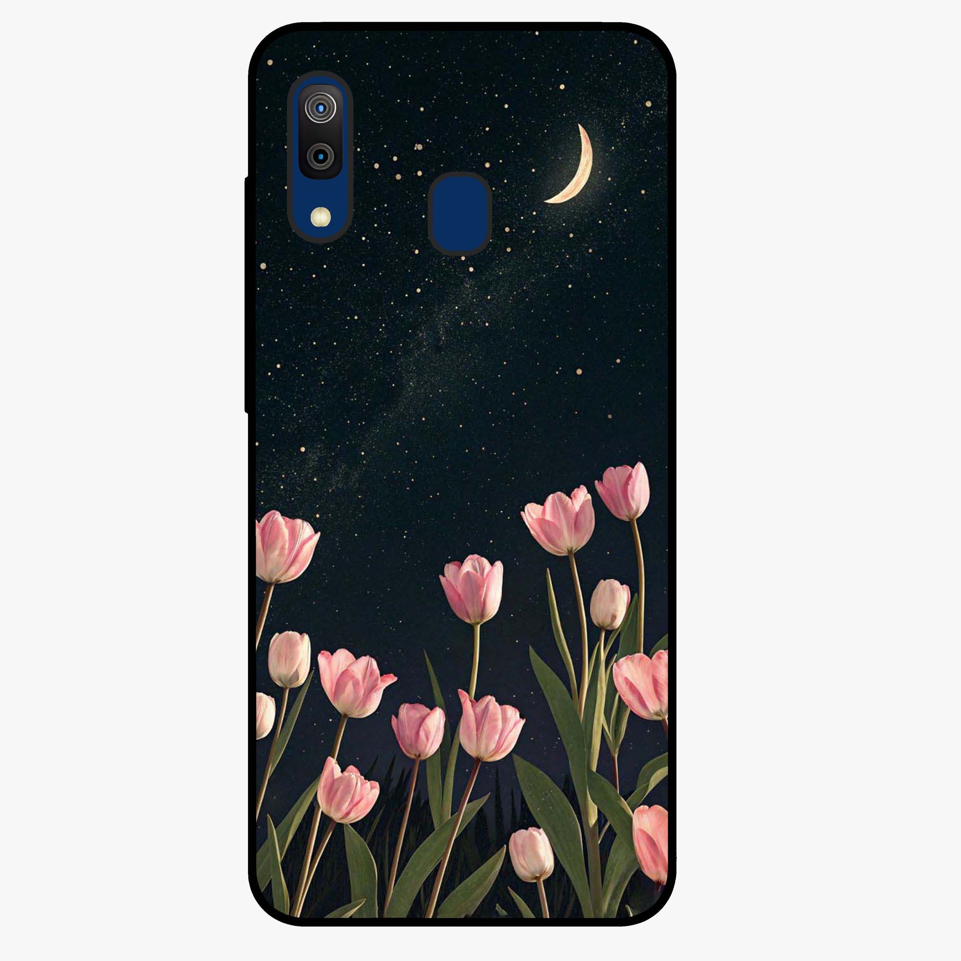 Midnight Tulip Whispers Vibe Glass Case showing flat back view with elegant tulip flower artwork and glossy glass finish.