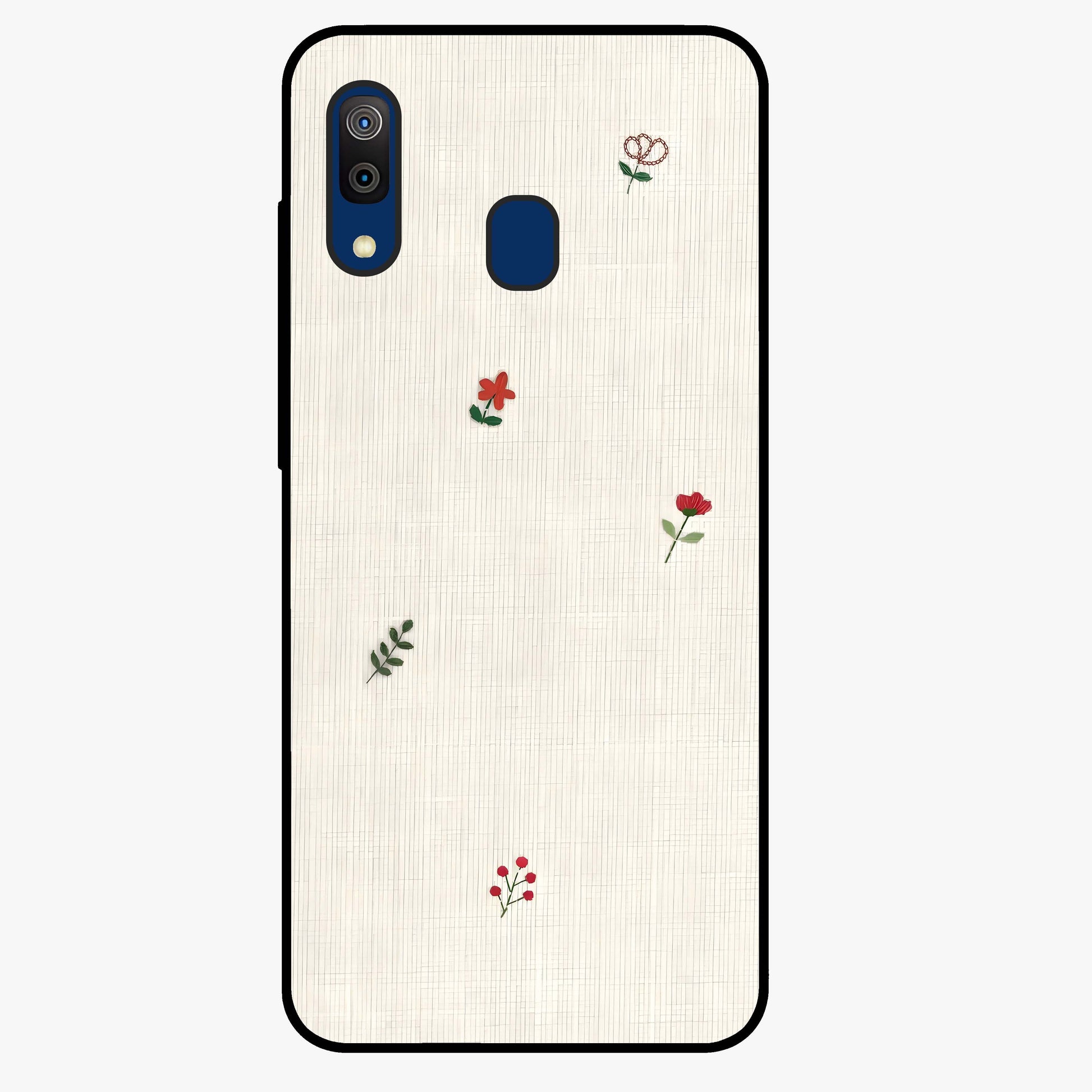 Minimal Petal Whispers Glass Case showing flat back view with soft minimal floral artwork and glossy glass finish.