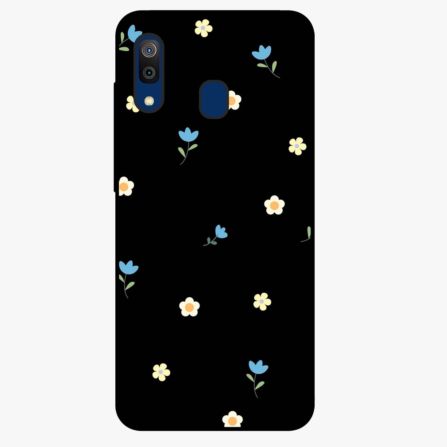 Minimalistic Blue With White Flower Pattern Glass Case showing flat back view with blue background and white flower pattern and glossy glass finish.