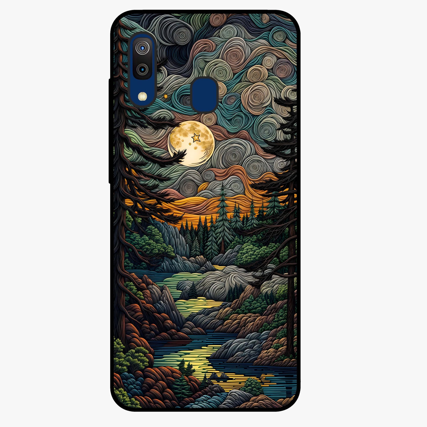 Moonlight Forest Dream Glass Case showing flat back view with mystical forest moonlight artwork and glossy glass finish.