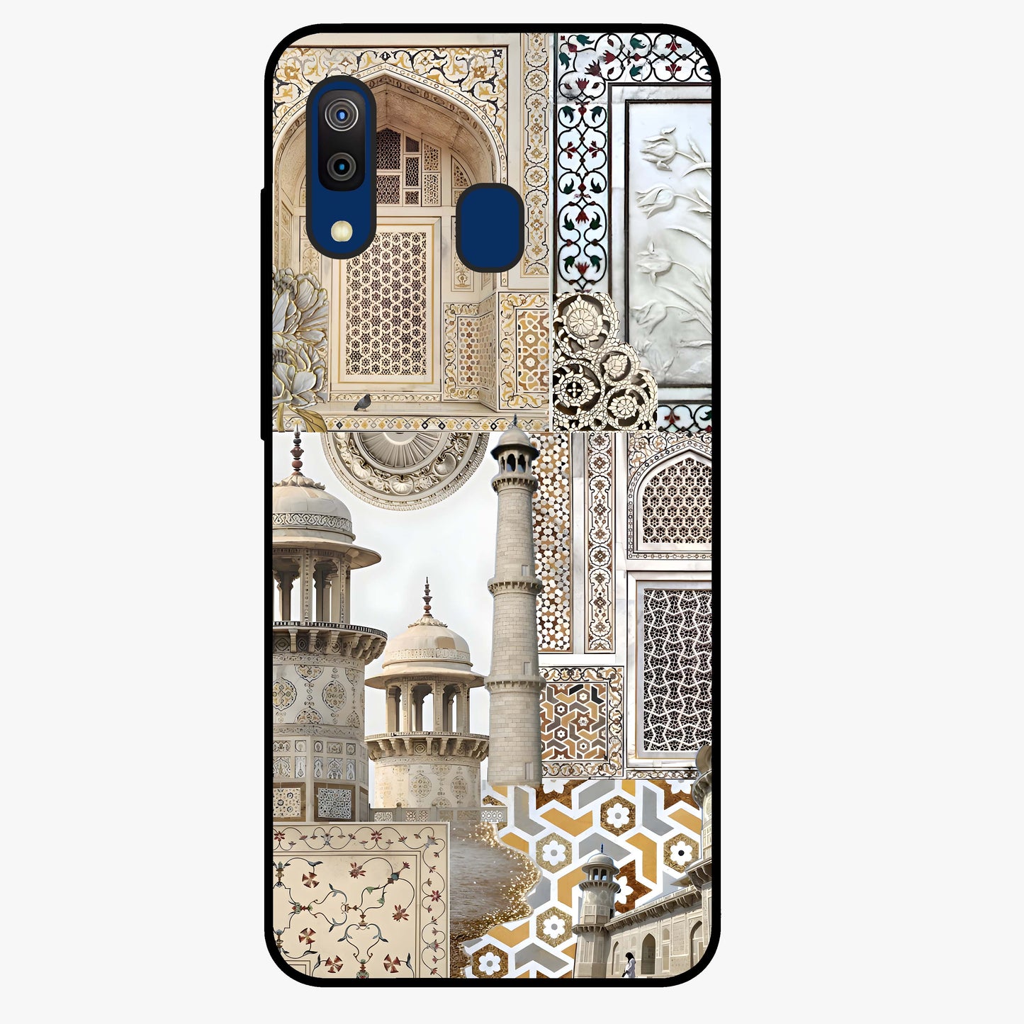 Mughal Marble Legacy Glass Case showing flat back view with intricate Mughal inspired marble pattern and glossy glass finish.