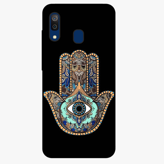 Mystic Hamsa Eye Glass Case showing flat back view with protective hamsa hand and evil eye artwork and glossy glass finish.