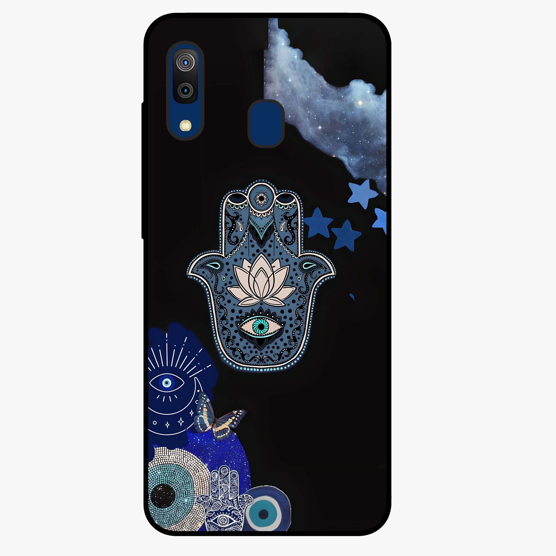 Mystic Hand Aura Glass Case showing flat back view with mystical hand symbol artwork and glossy glass finish.