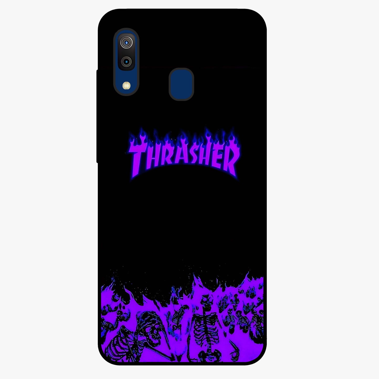 Neon Flame Riot Glass Case showing flat back view with neon flame artwork and glossy glass finish.