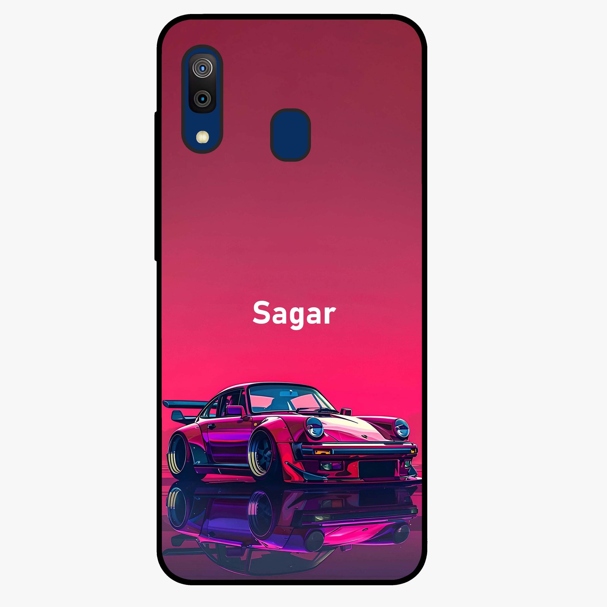 Neon Pink Porsche Glass Case showing flat back view with stylish sports car artwork and glossy glass finish.