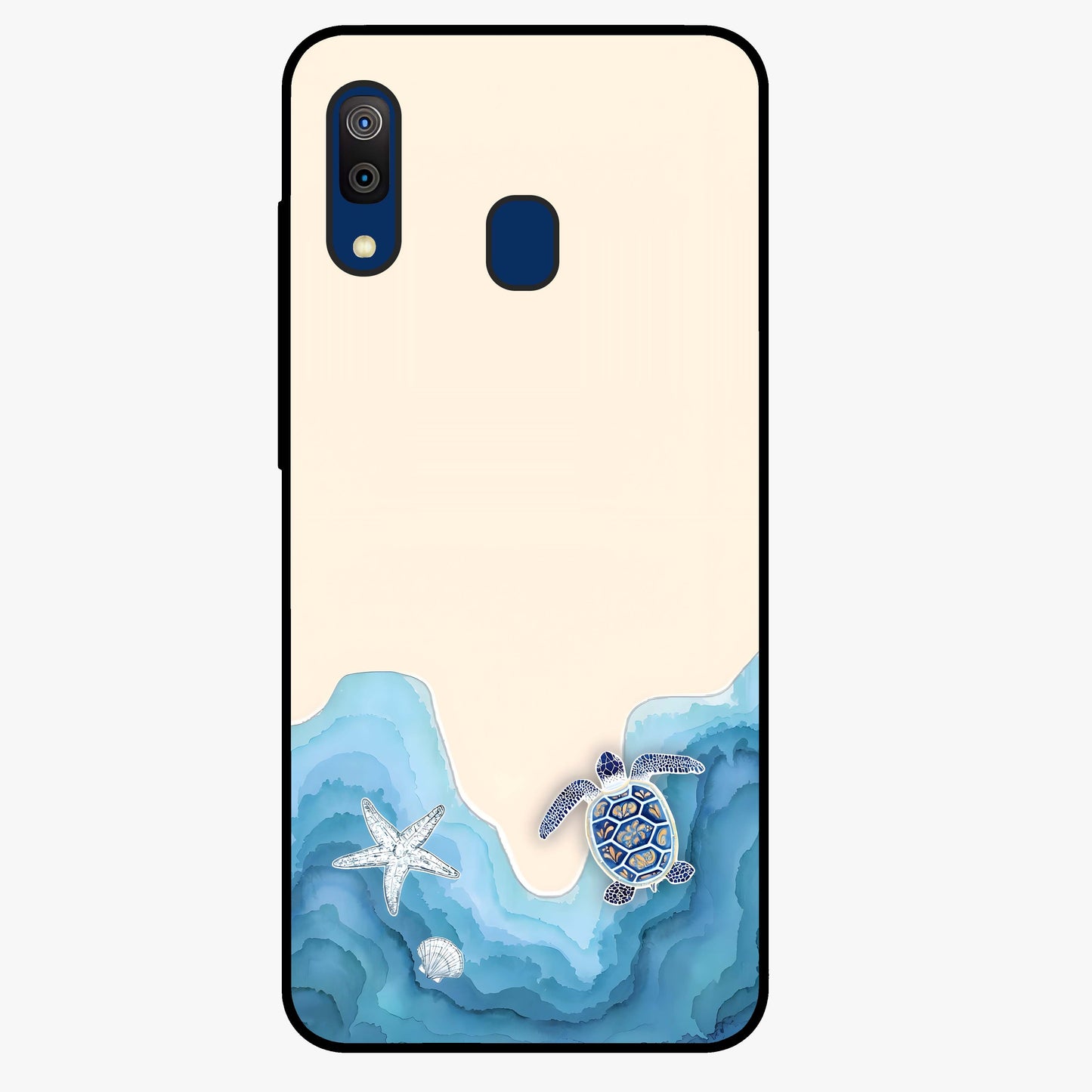Ocean Drift Turtle Glass Case showing flat back view with sea turtle artwork and glossy glass finish.