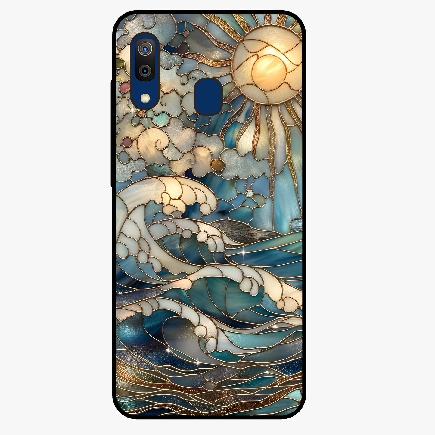 Oceanic Stained Printed Glass Case showing flat back view with ocean inspired stained pattern artwork and glossy glass finish.