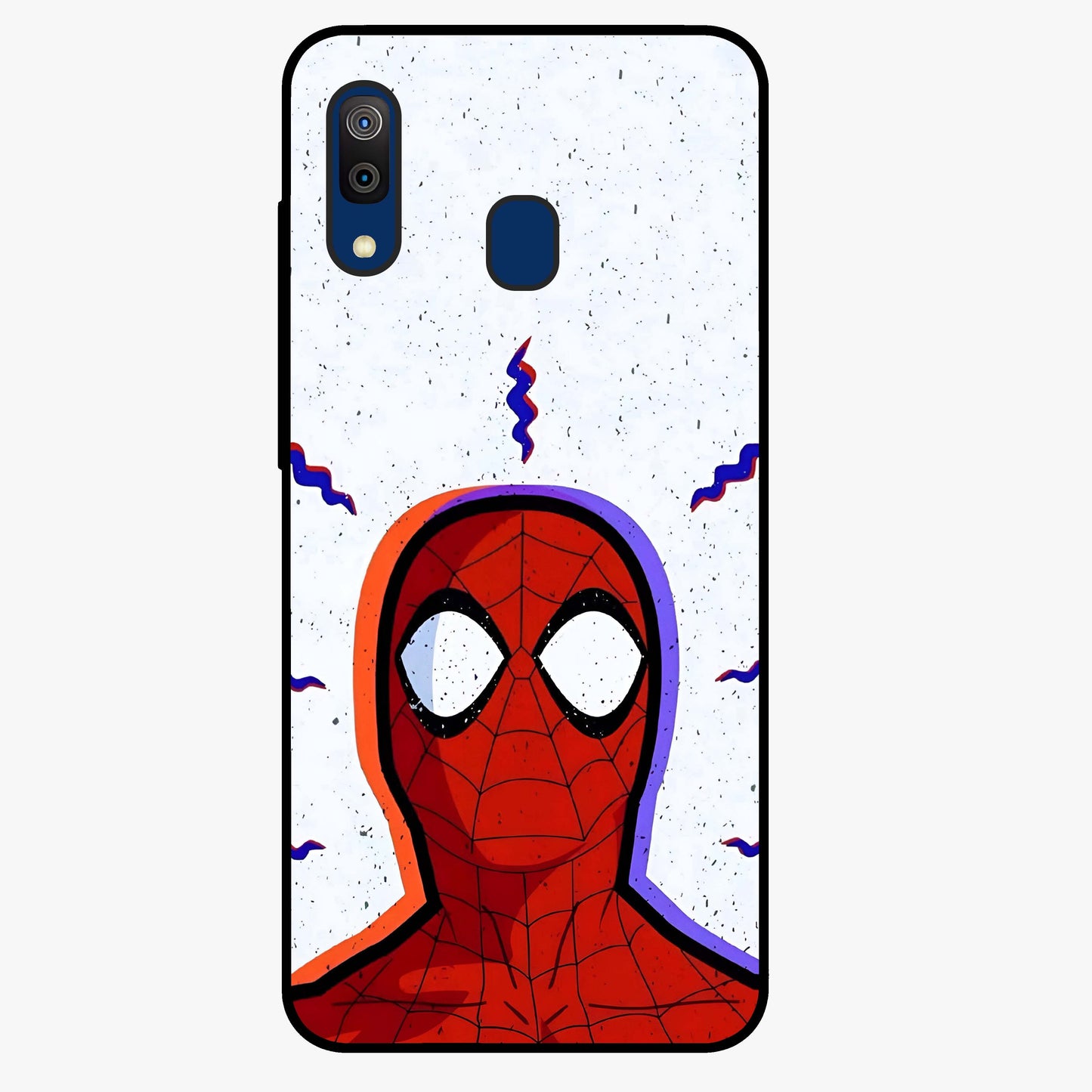 Omg Spiderman Glass Case showing flat back view with bold superhero inspired artwork and glossy glass finish.