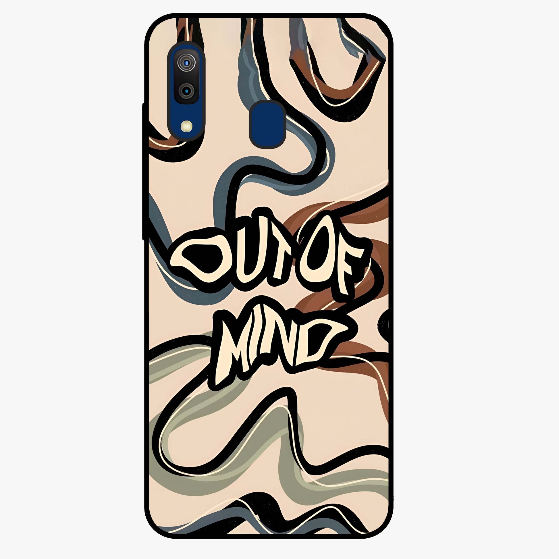 Out Of Mind Glass Case showing flat back view with expressive typography artwork and glossy glass finish.