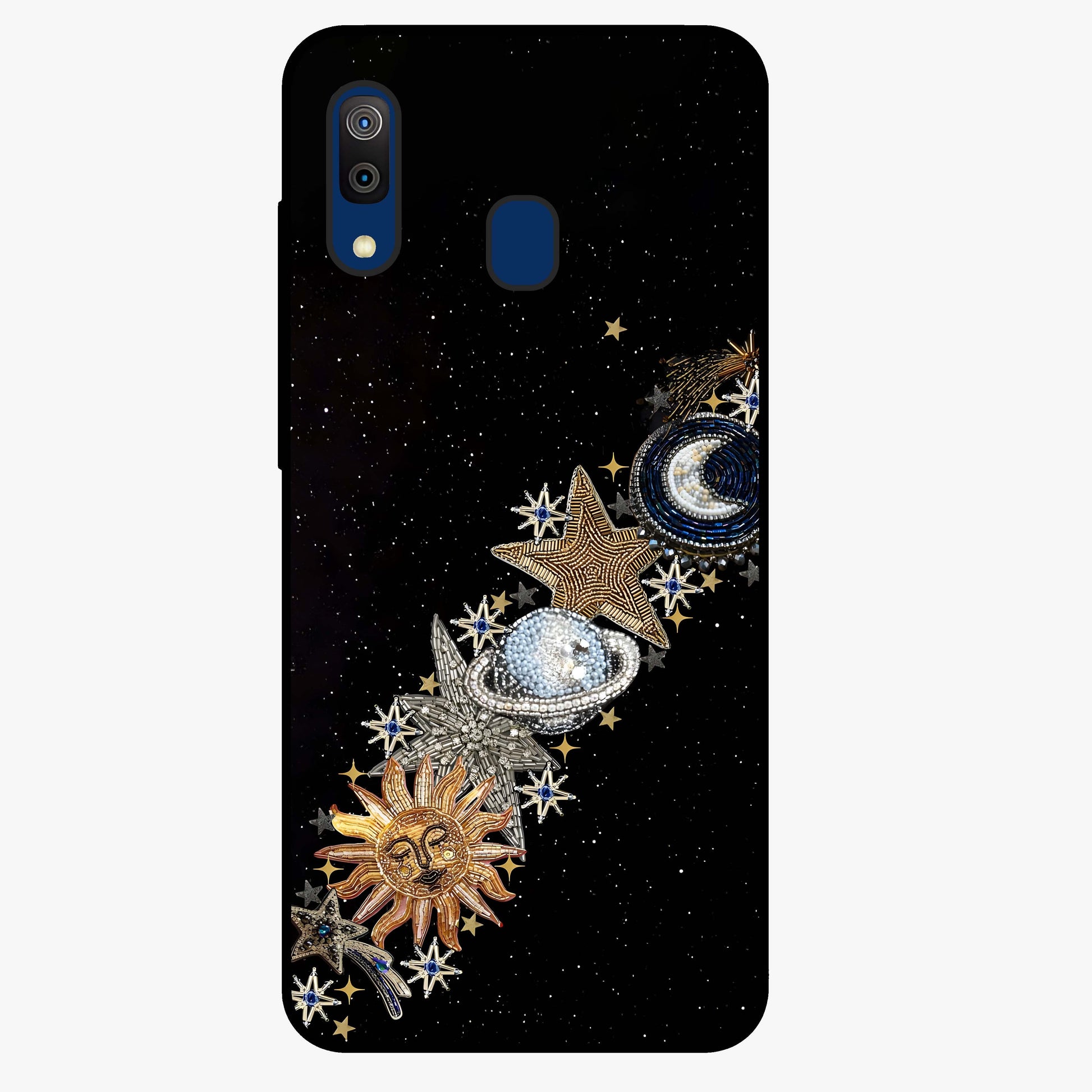 Pearls Universe Object Glass Case showing flat back view with pearl inspired cosmic artwork and glossy glass finish.