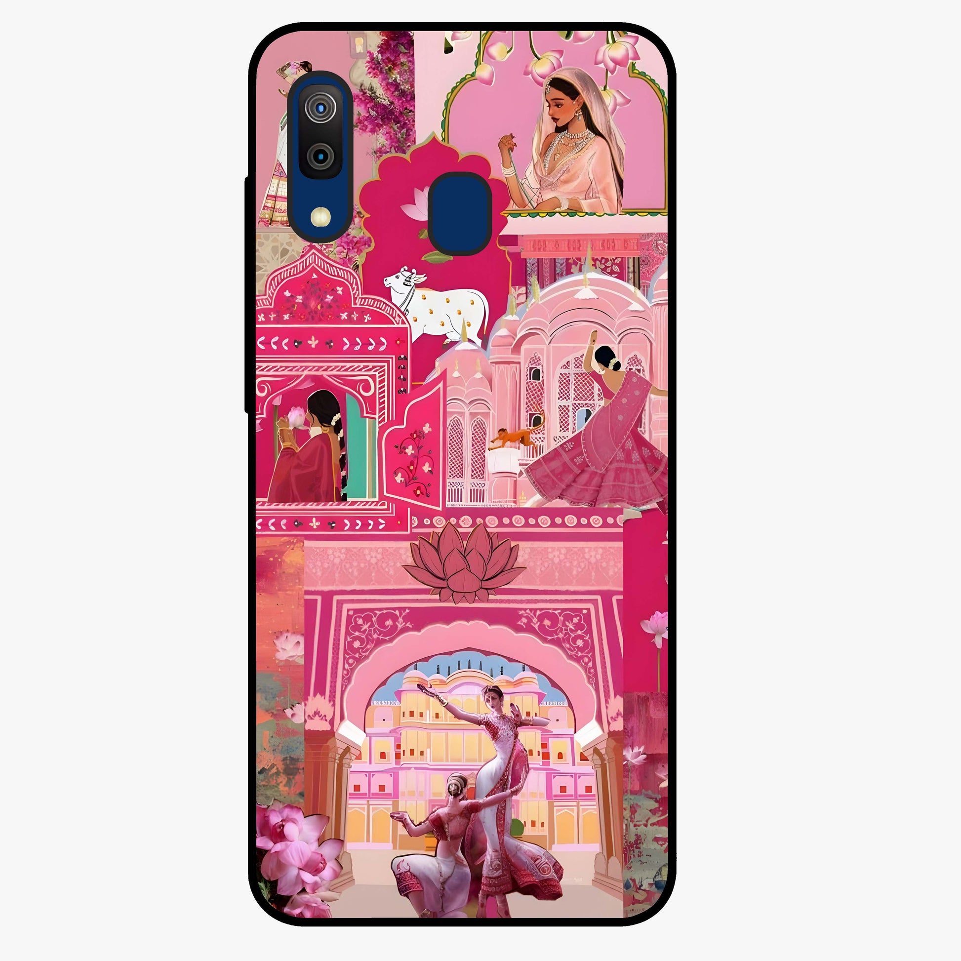 Pink Palace Muse Glass Case showing flat back view with elegant palace inspired artwork and glossy glass finish.