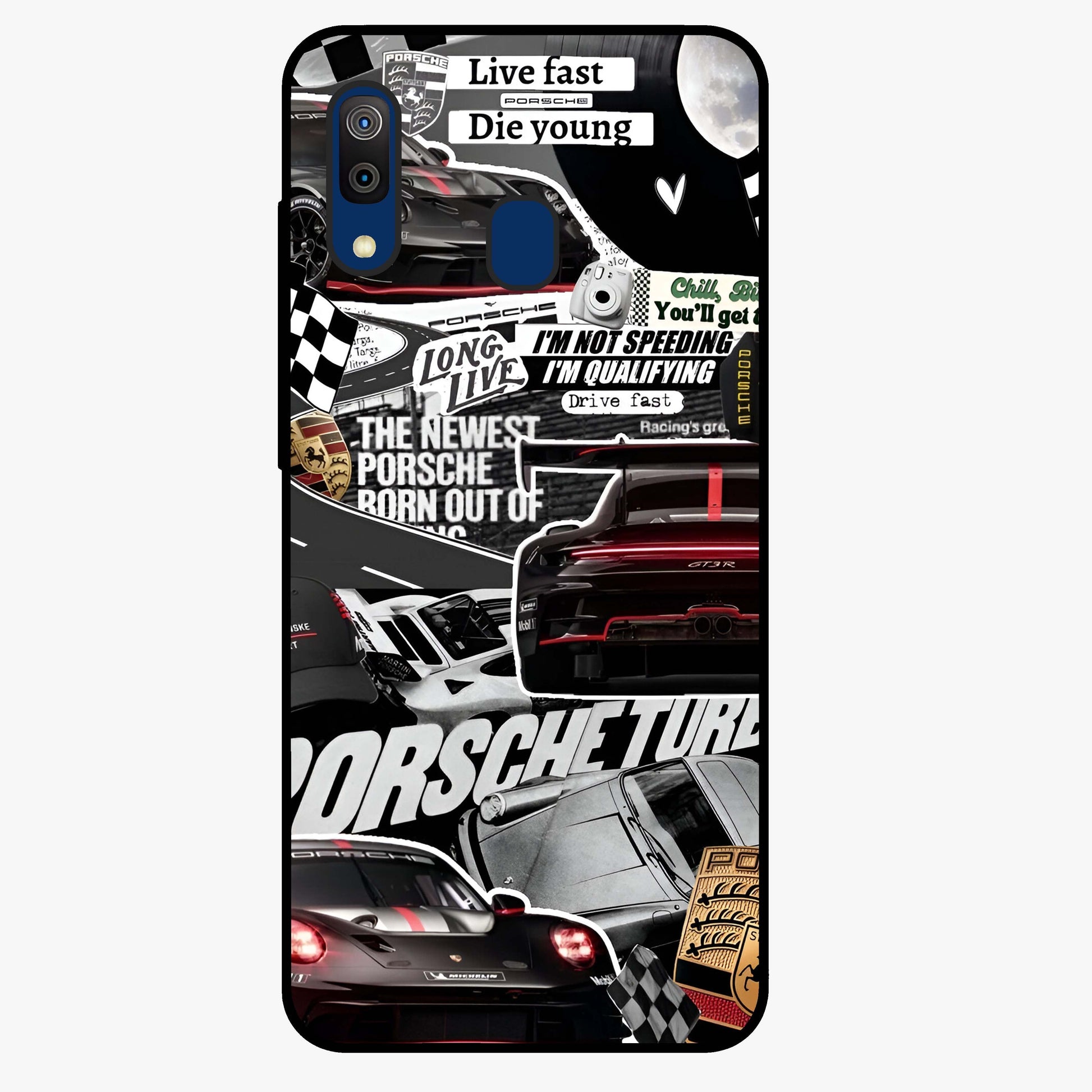Porsche Racing Collage Glass Case showing flat back view with sports car racing collage artwork and glossy glass finish.