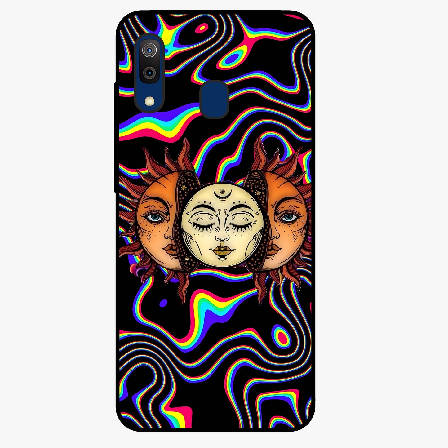 Psychedelic Sun Glass Case showing flat back view with colorful psychedelic sun artwork and glossy glass finish.