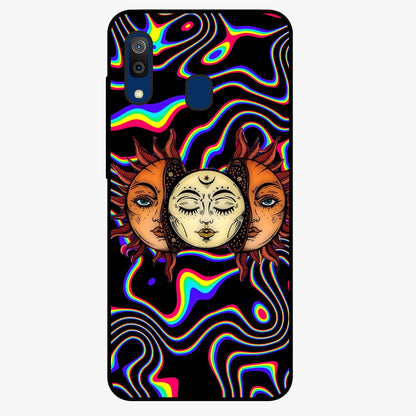 Psychedelic Sun Glass Case showing flat back view with colorful psychedelic sun artwork and glossy glass finish.