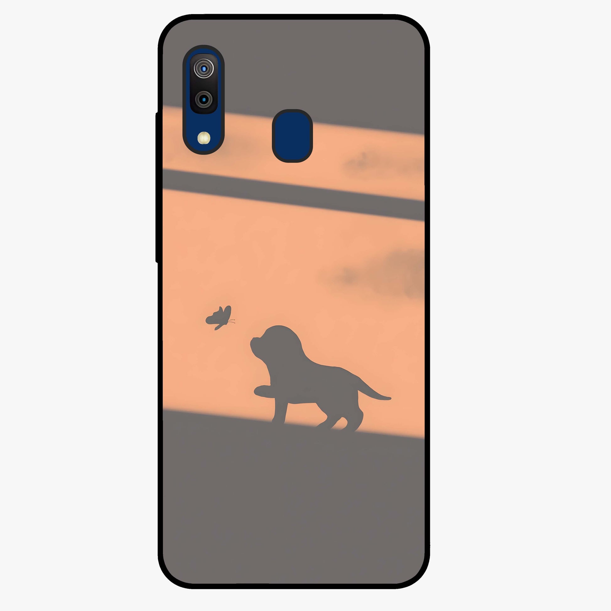Puppy Shadow Art Glass Case showing flat back view with cute puppy shadow style artwork and glossy glass finish.