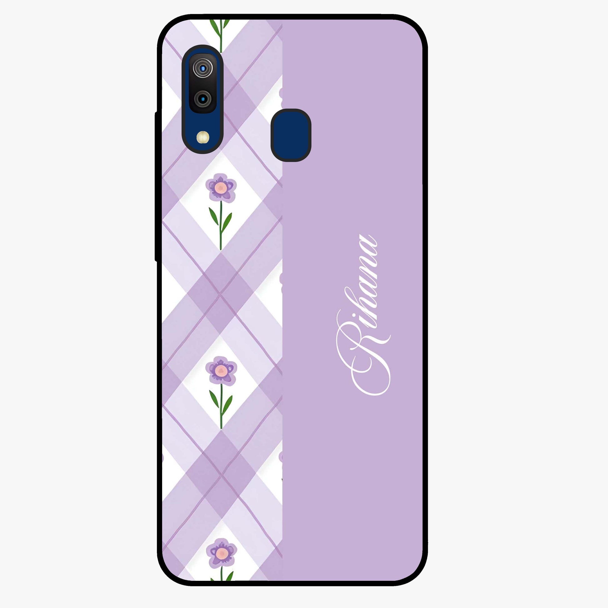Purple Diamond Floral Glass Case showing flat back view with diamond shaped floral artwork and glossy glass finish.