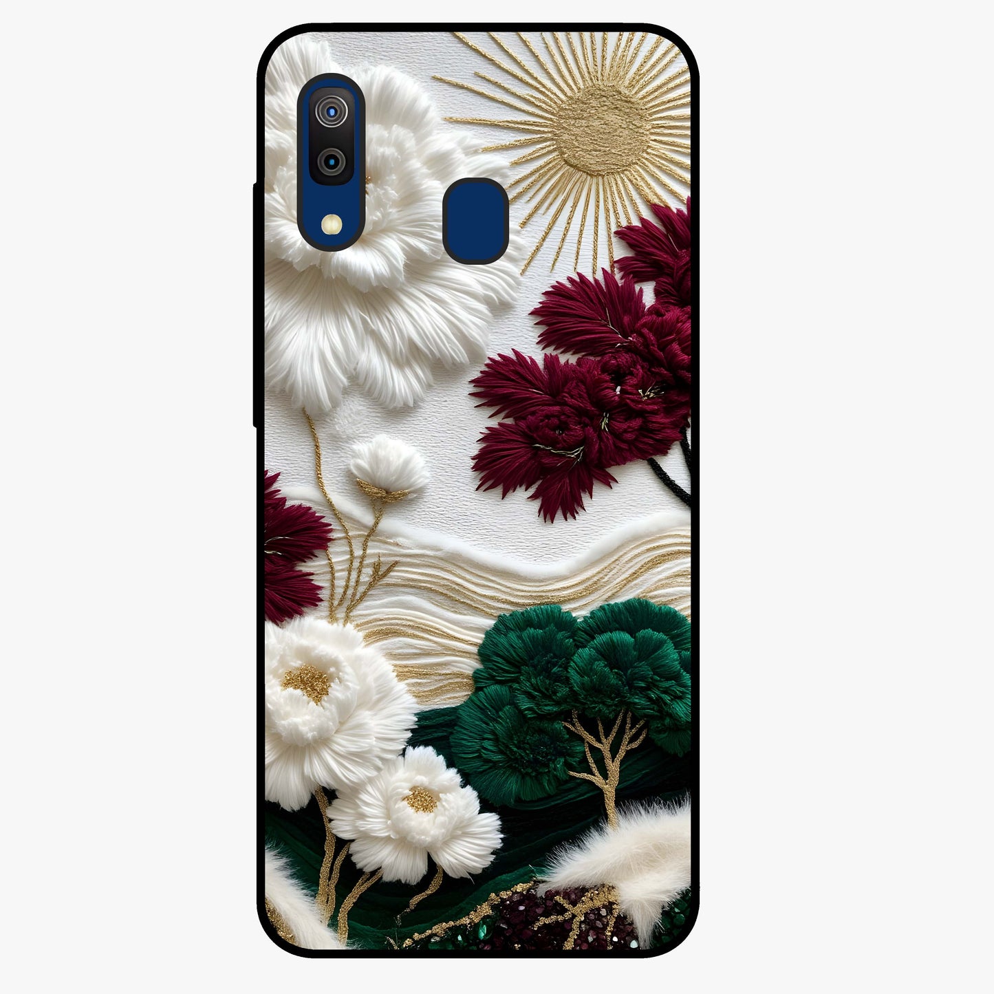 Radiant Bloom Elegance Glass Case showing flat back view with elegant blooming flower artwork and glossy glass finish.