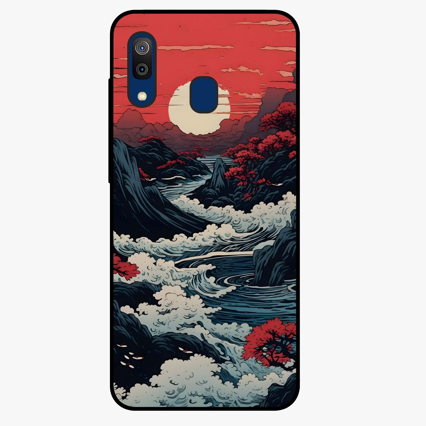 Red Sunset Scenery Glass Case showing flat back view with vibrant sunset landscape artwork and glossy glass finish.
