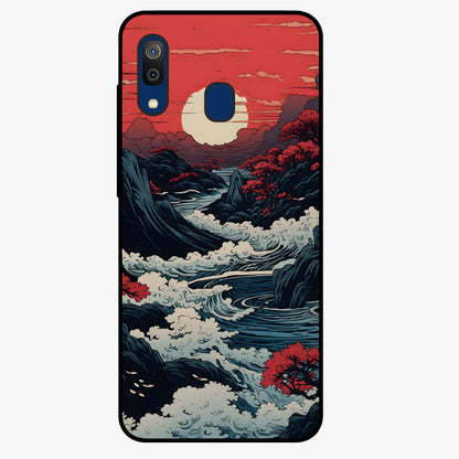 Red Sunset Scenery Glass Case showing flat back view with vibrant sunset landscape artwork and glossy glass finish.