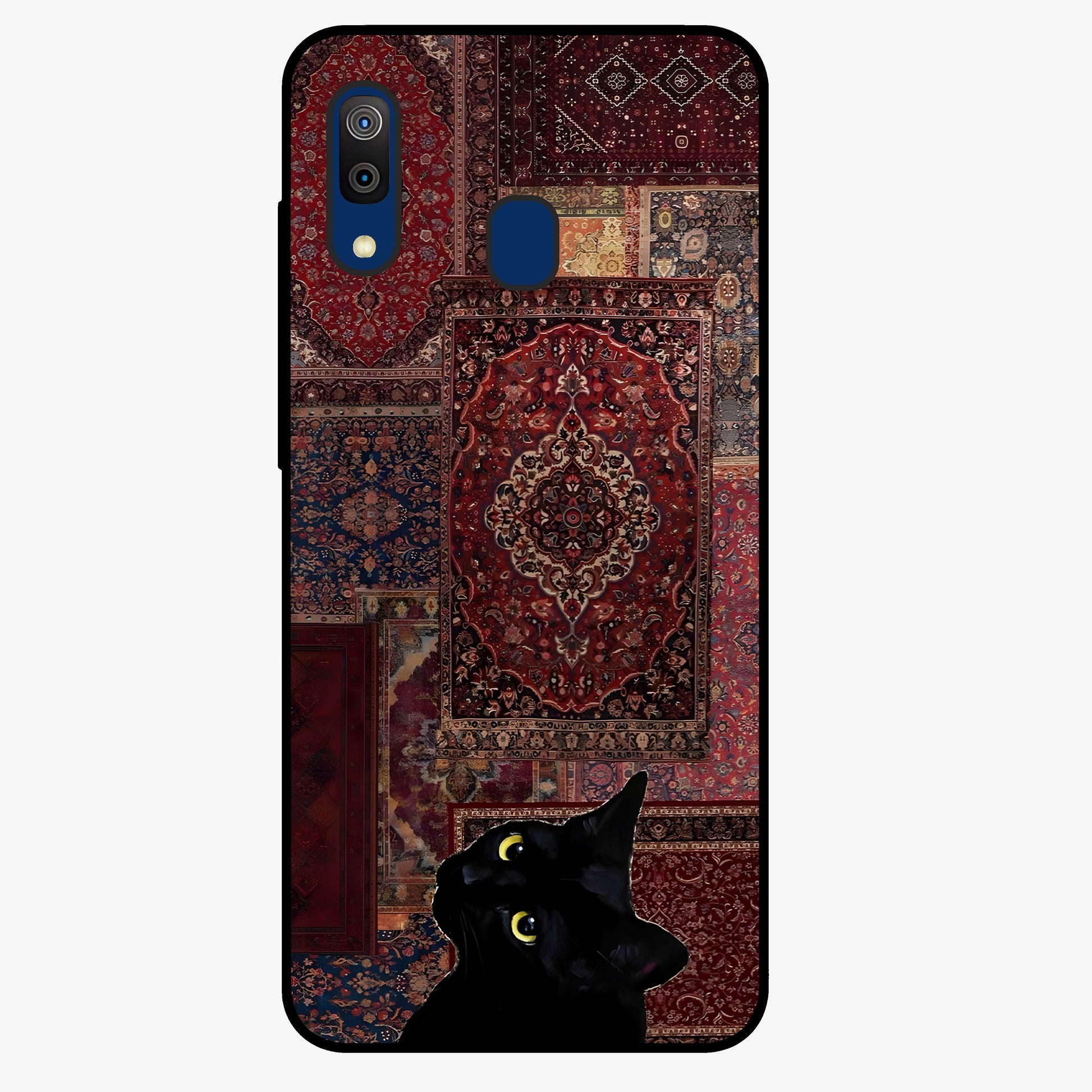 Regal Magic Cat Apple Glass Case showing flat back view with magical cat artwork holding apple and glossy glass finish.