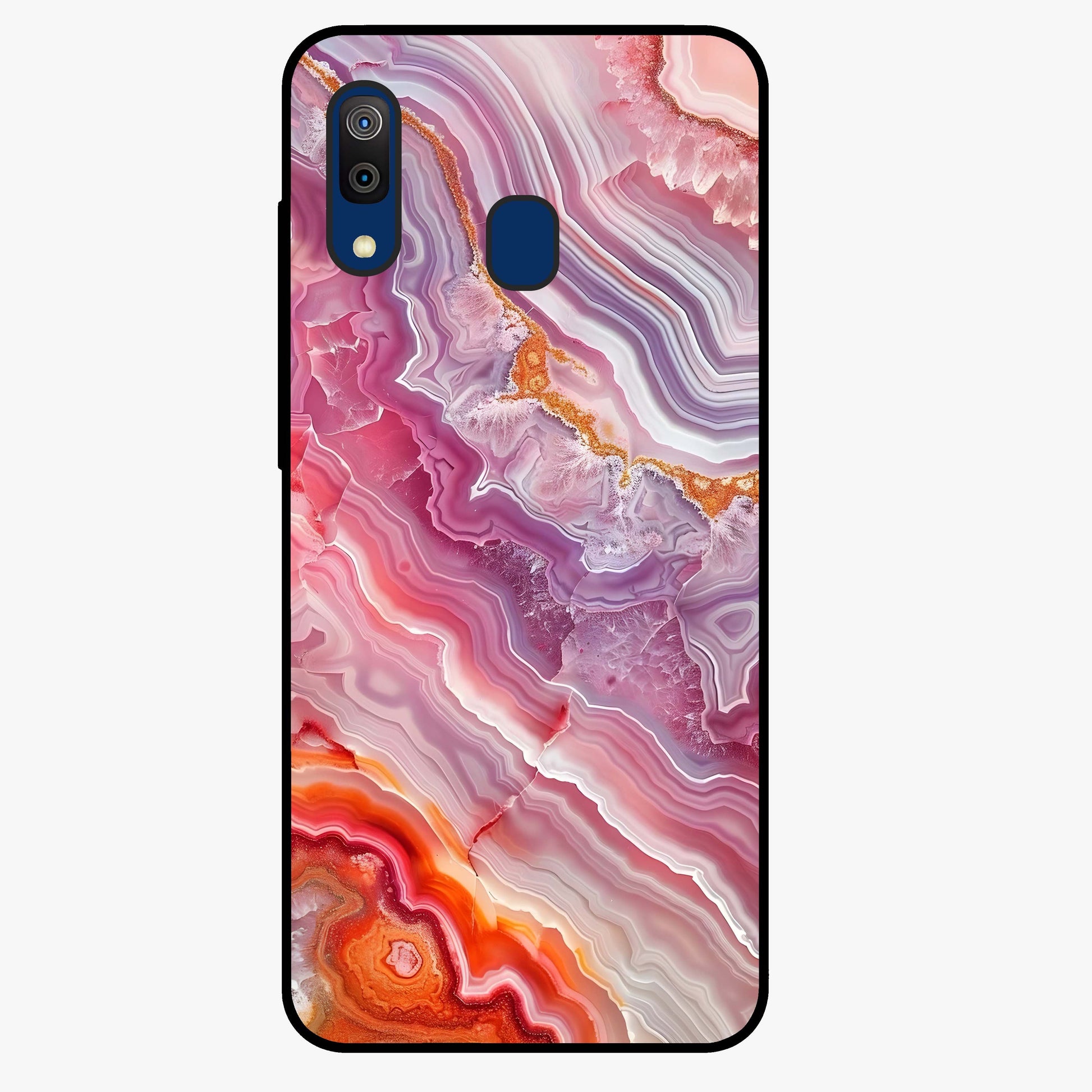 Rose Quartz Marble Glass Case showing flat back view with pink marble quartz texture artwork and glossy glass finish.