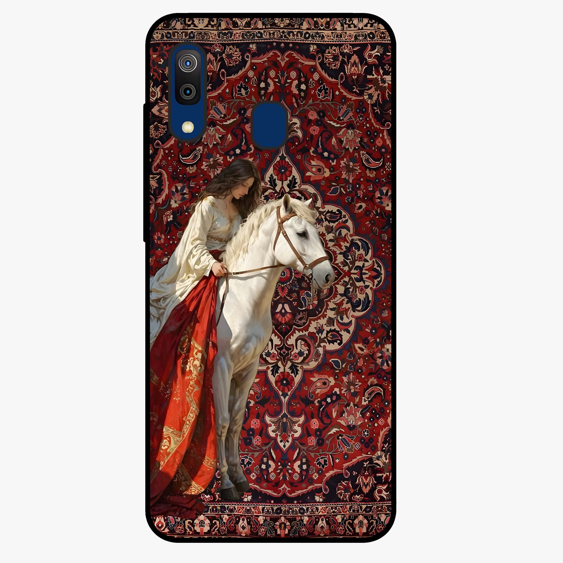 Royal Rider Tapestry Glass Case showing flat back view with majestic horse rider tapestry artwork and glossy glass finish.