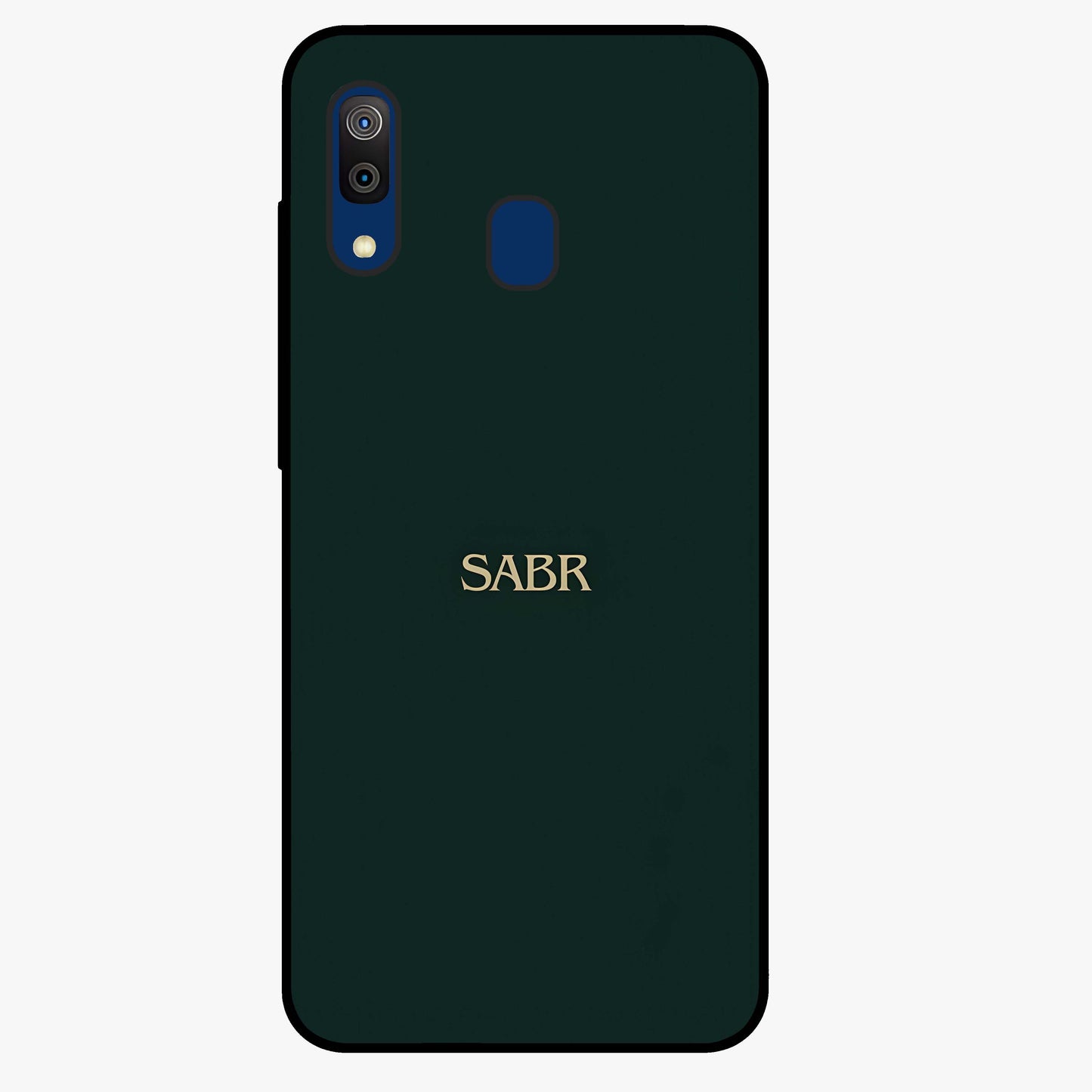 Sabr Minimal Patience Glass Case showing flat back view with minimalist typography artwork and glossy glass finish.