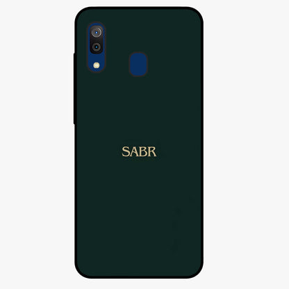 Sabr Minimal Patience Glass Case showing flat back view with minimalist typography artwork and glossy glass finish.