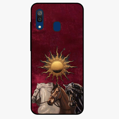 Solar Riders Glass Case showing flat back view with dynamic rider themed artwork and glossy glass finish.