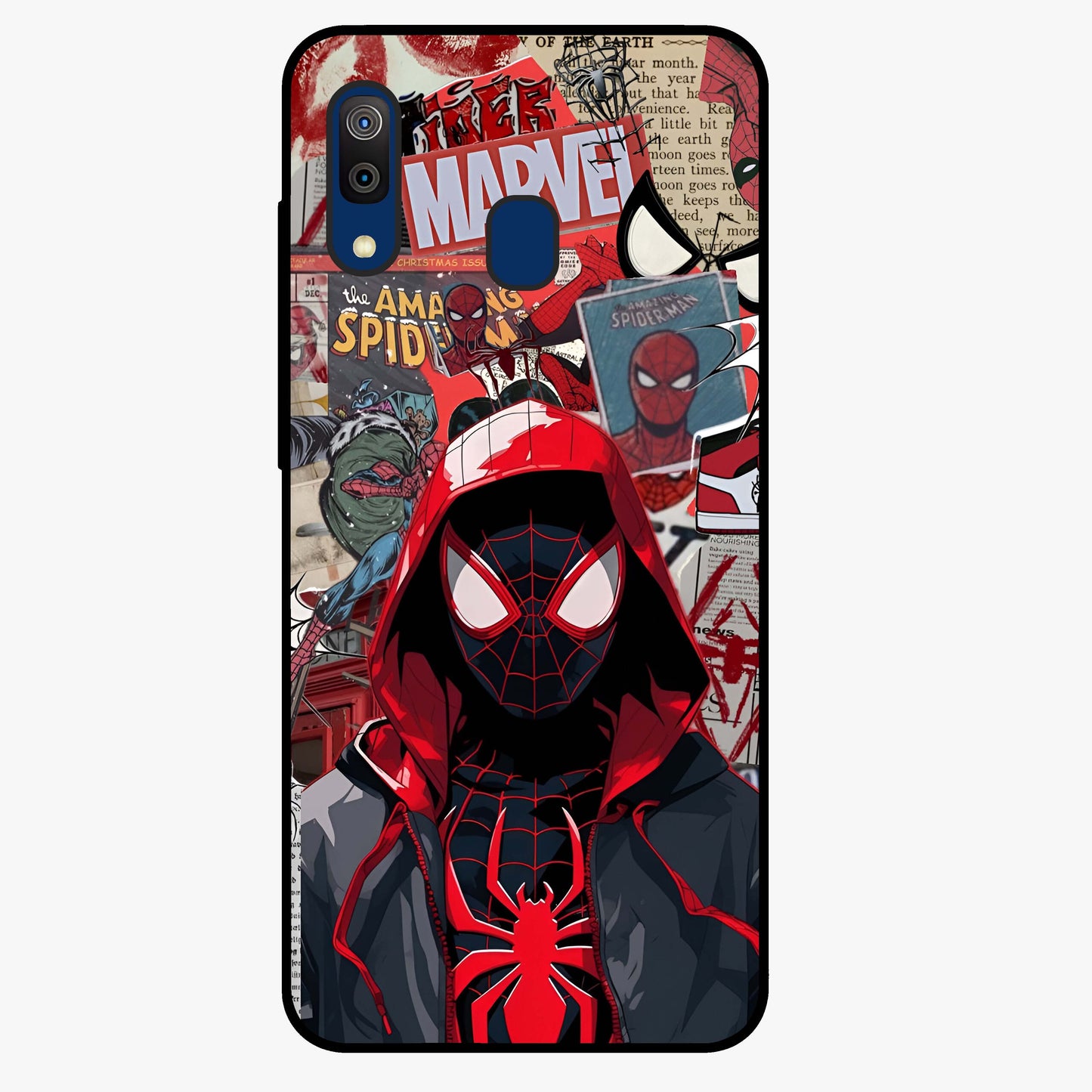Spider Collage Street Glass Case showing flat back view with vibrant superhero collage artwork and glossy glass finish.
