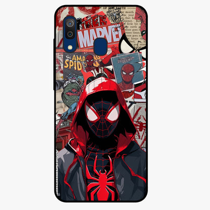 Spider Collage Street Glass Case showing flat back view with vibrant superhero collage artwork and glossy glass finish.