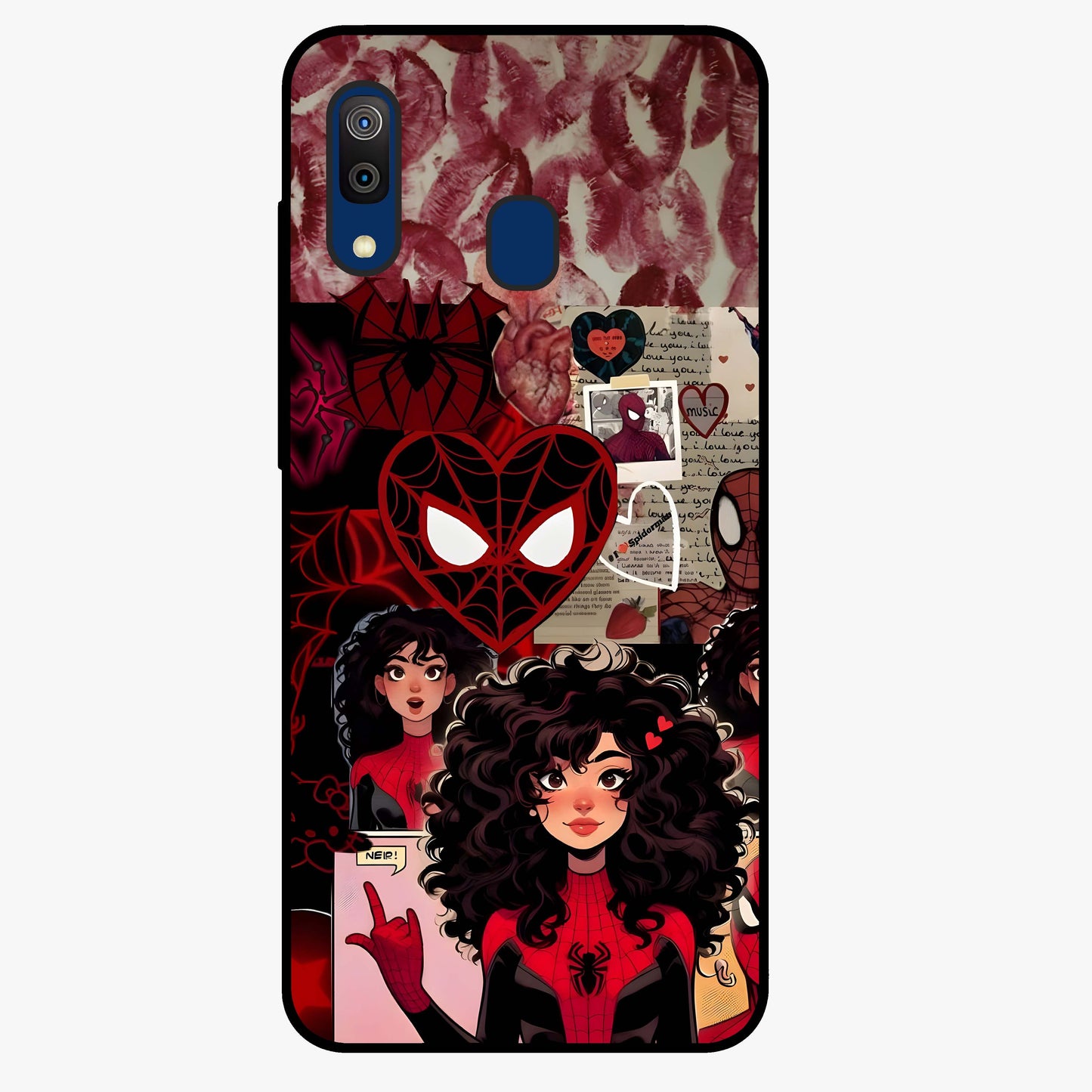 Spider Love Story Glass Case showing flat back view with romantic superhero themed artwork and glossy glass finish.