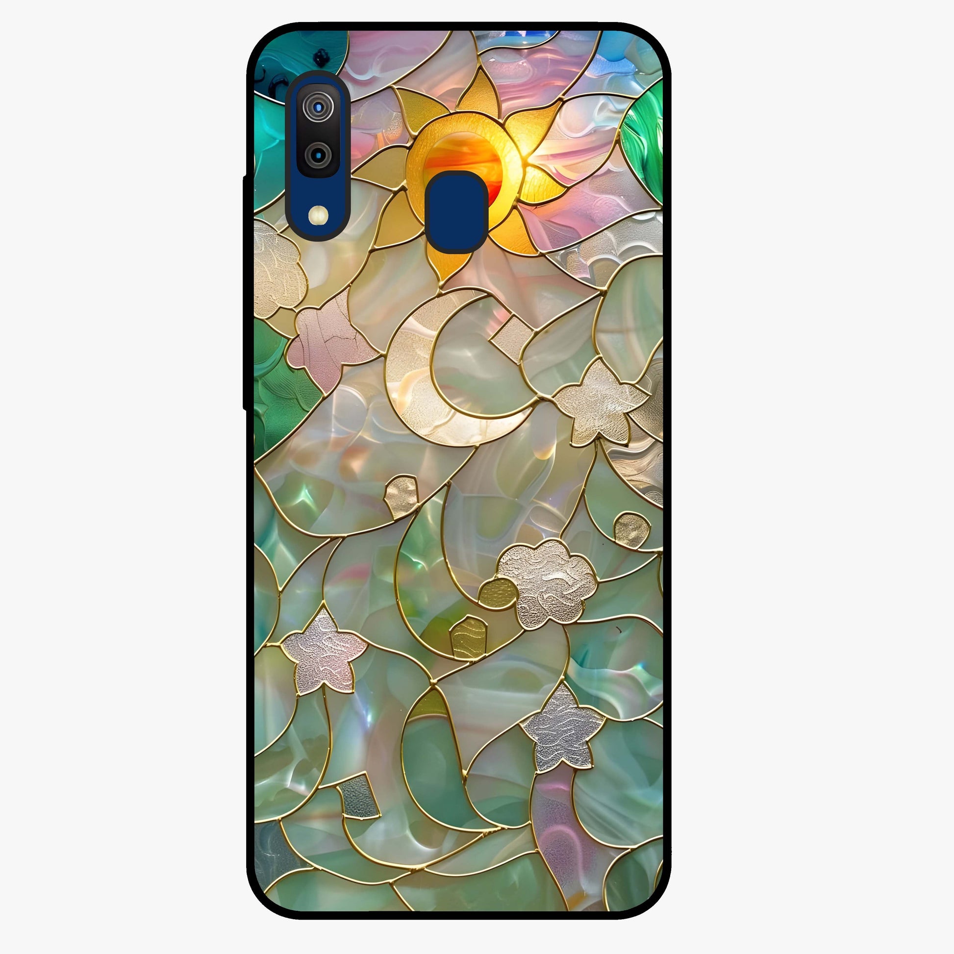 Stained Sunrise Glow Glass Case showing flat back view with glowing sunrise stained pattern artwork and glossy glass finish.