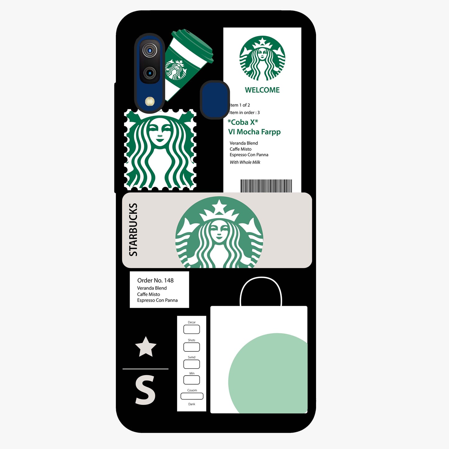 Starbucks Mocha Glass Case showing flat back view with coffee inspired artwork and glossy glass finish.