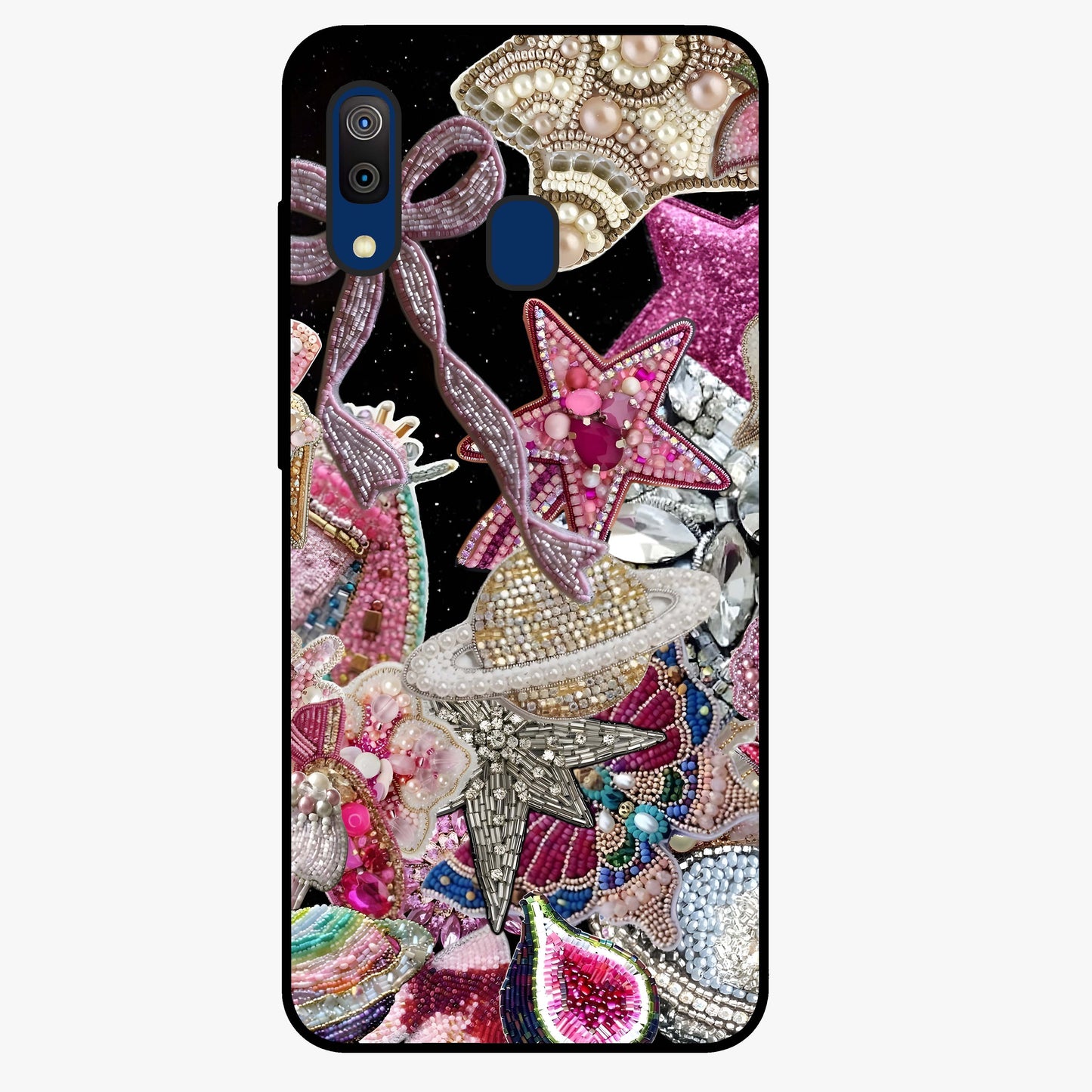 Starlit Jewel Dream Glass Case showing flat back view with sparkling jewel and star themed artwork and glossy glass finish.