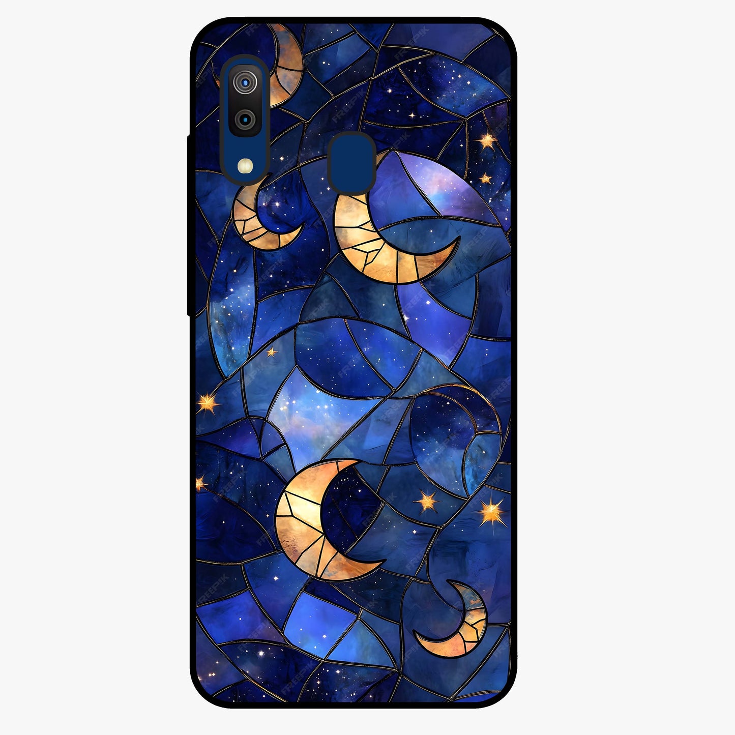Starlit Sky Tapestry Glass Case showing flat back view with decorative starry sky tapestry artwork and glossy glass finish.