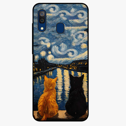 Starry River Cats Glass Case showing flat back view with cats by a starry river artwork and glossy glass finish.