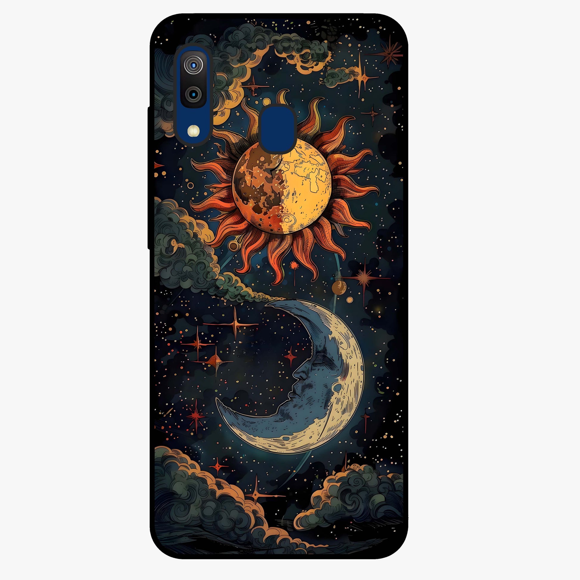 Sun And Moon Magic Design Glass Case showing flat back view with mystical sun and moon artwork and glossy glass finish.