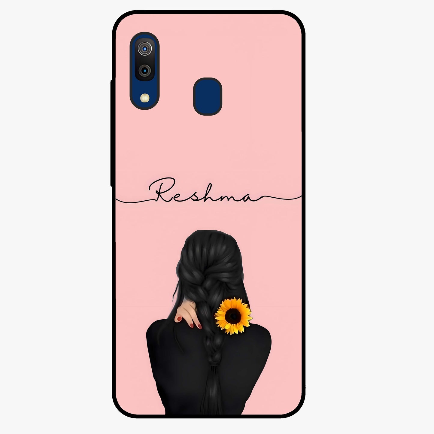 Sunflower Braid Beauty With Custom Name Glass Case showing flat back view with sunflower braid artwork and personalized name design.