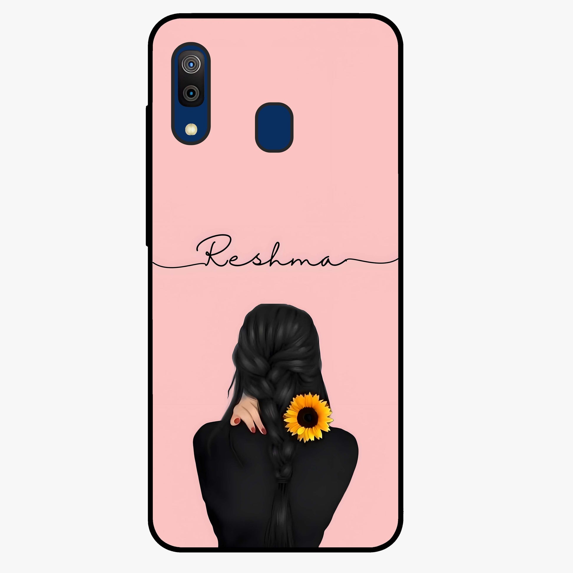 Sunflower Braid Beauty With Custom Name Glass Case showing flat back view with sunflower braid artwork and personalized name design.