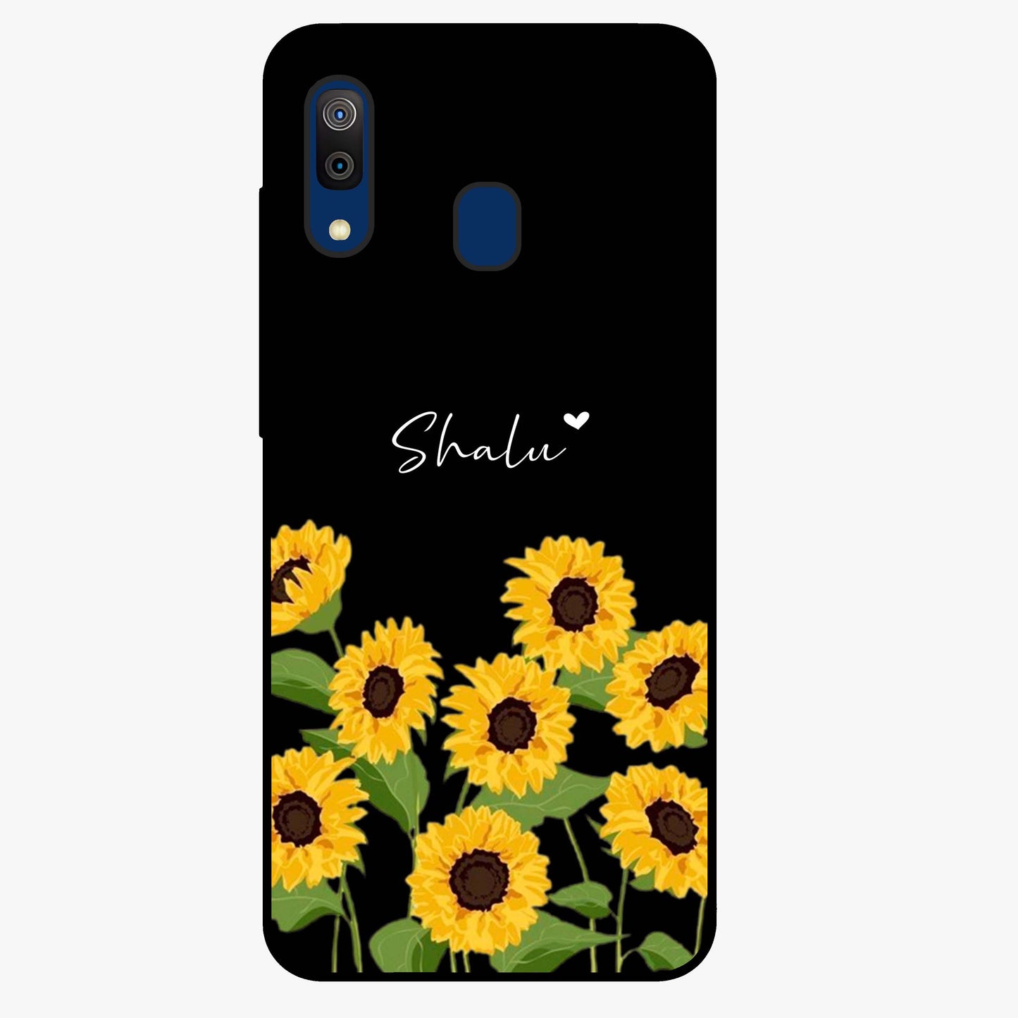 Sunflower Chic Mood Custom Name Glass Case showing flat back view with stylish sunflower artwork and personalized name design.