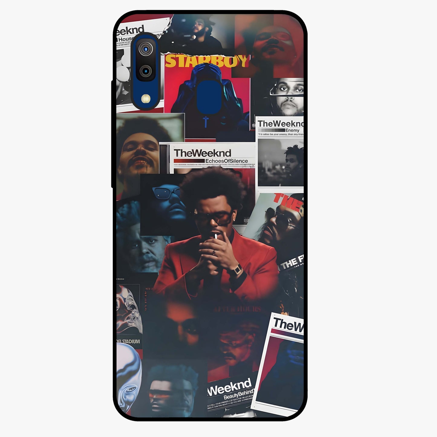 The Weeknd Glass Case showing flat back view with music inspired artistic portrait artwork and glossy glass finish.