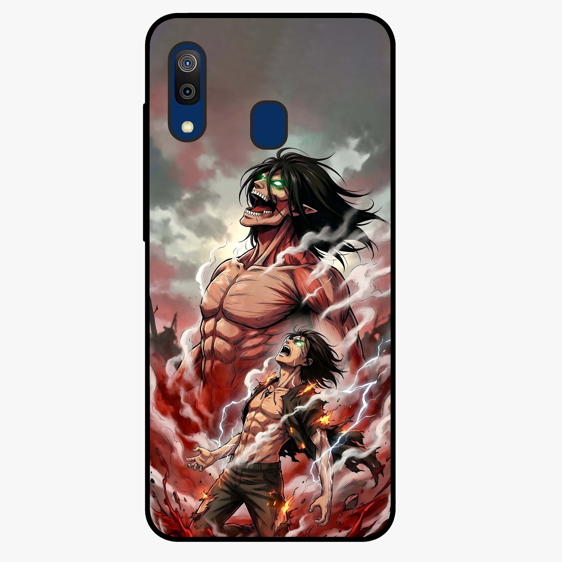 Titan Awakening Fury Glass Case showing flat back view with powerful titan inspired artwork and glossy glass finish.