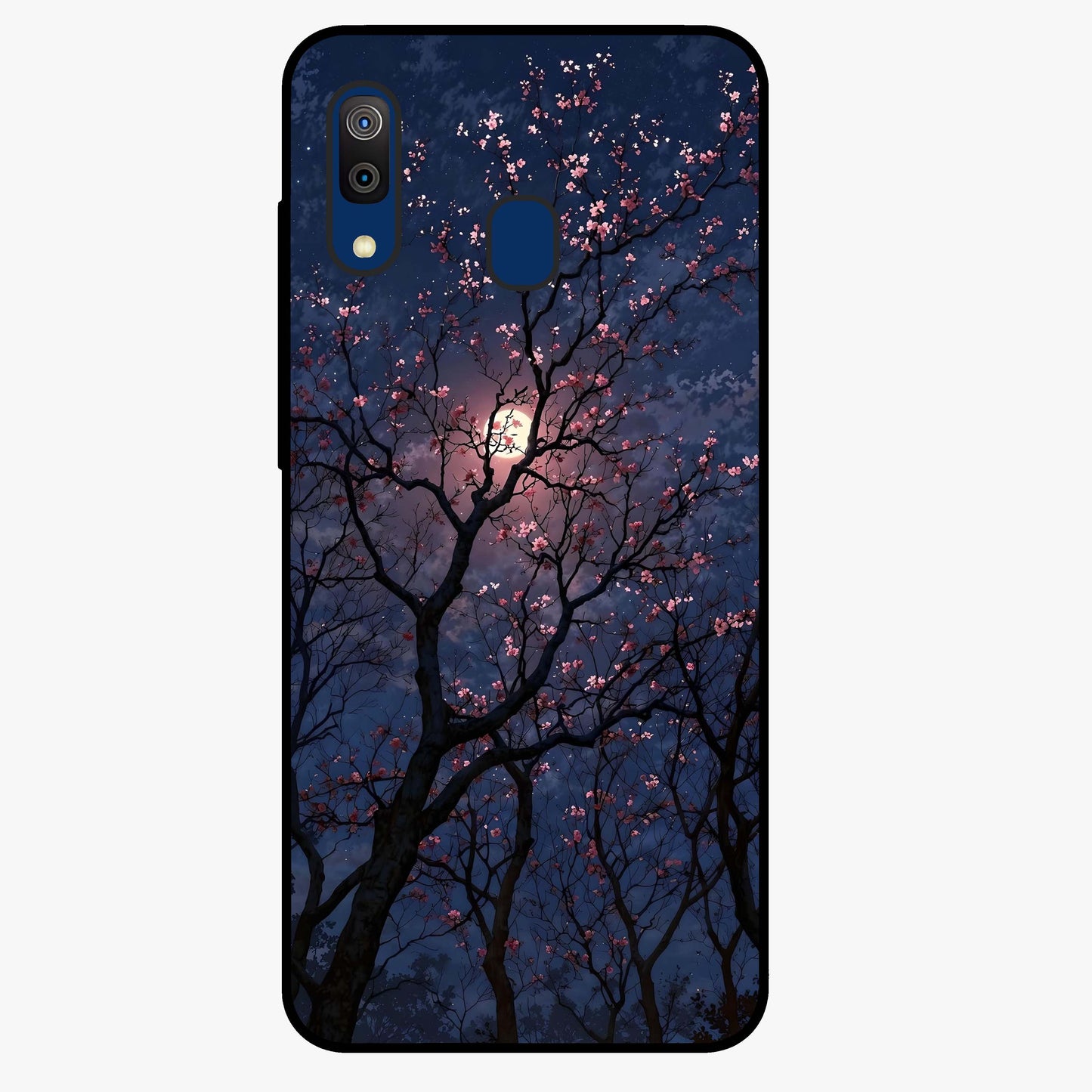 Twilight Sakura Serenade Glass Case showing flat back view with cherry blossom artwork at twilight and glossy glass finish.